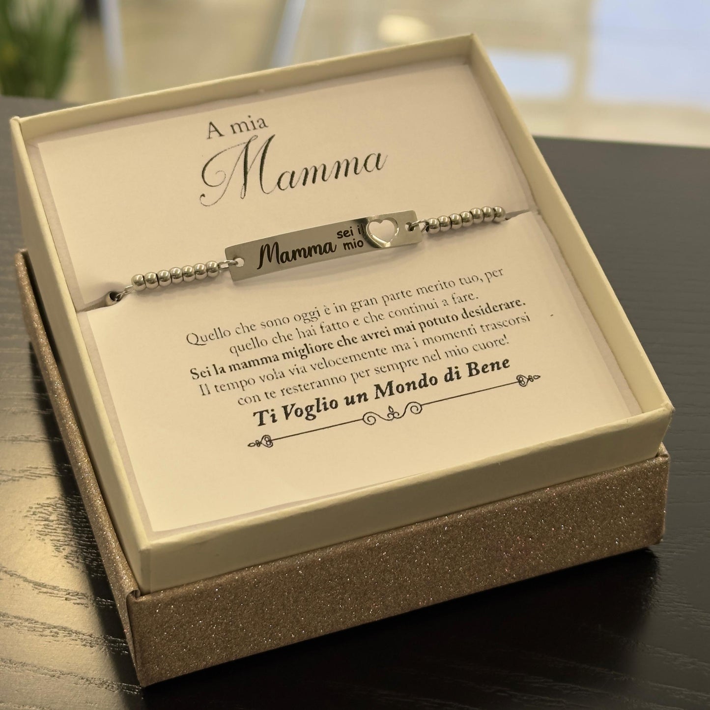 Bracciale mamma personalizzato acciaio inox targhetta incisione cuore traforato astuccio