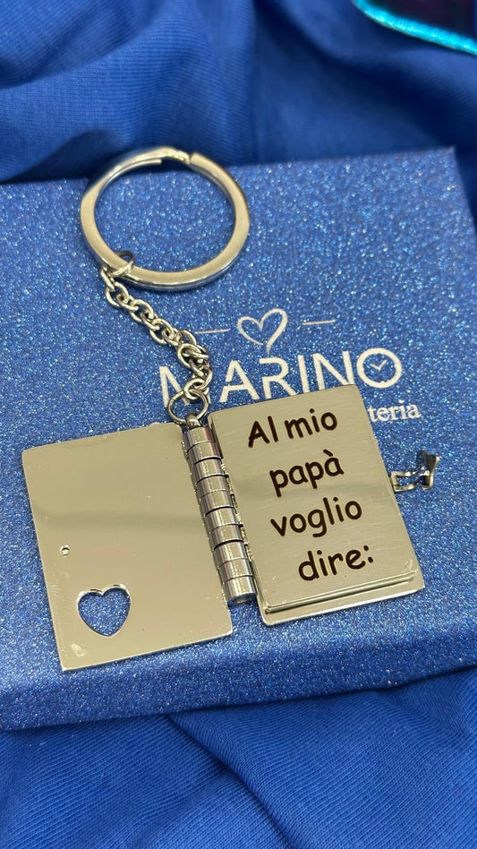 Portachiavi libro papà in acciaio personalizzabile con frase e disegno