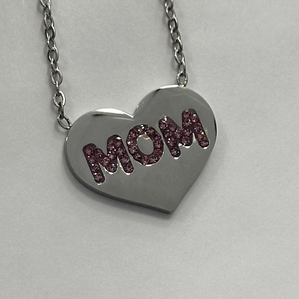 Collana cuore MOM dorata in acciaio con scritta brillantinata e confezione regalo mamma