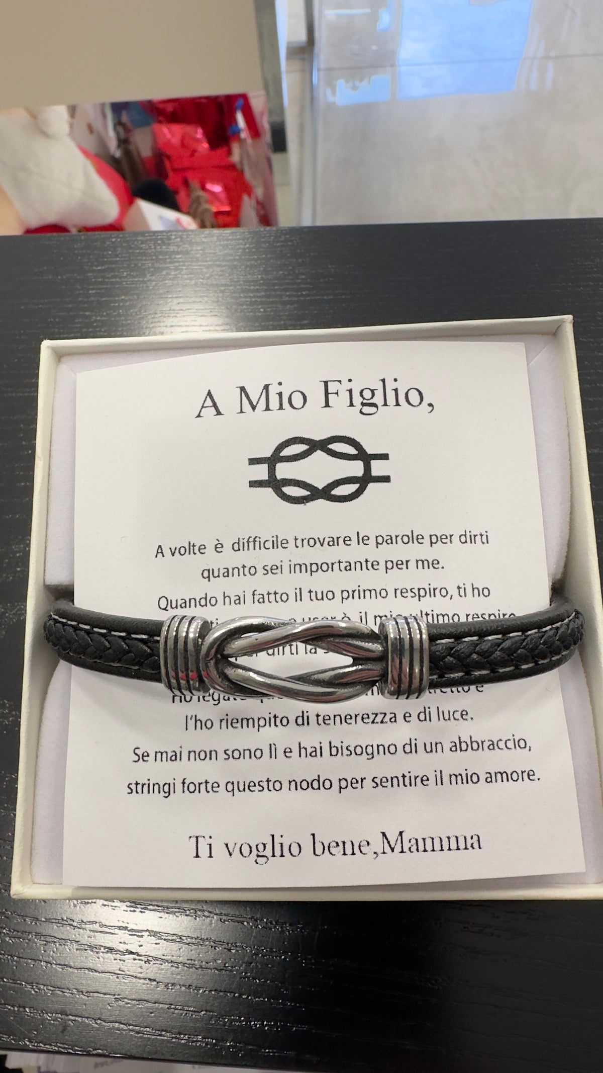 Bracciale nodo pelle acciaio legami figlio - dettaglio confezione