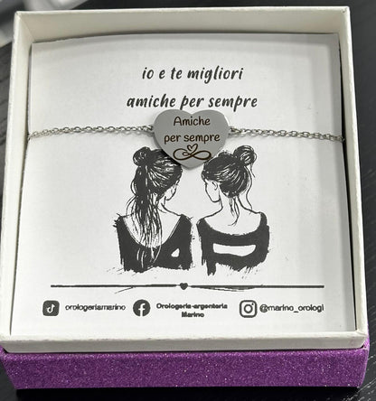 Bracciale amiche per sempre in acciaio con simbolo infinito e cuore con confezione regalo
