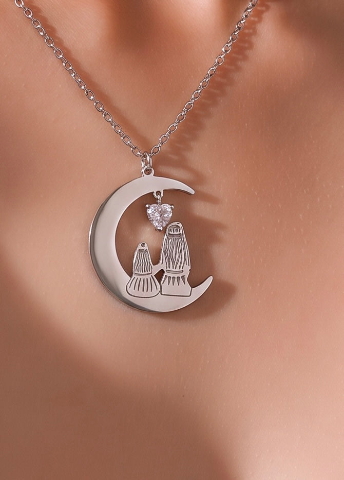 Collana mamma e figlia Sotto la Stessa Luna in acciaio argento con zircone a cuore
