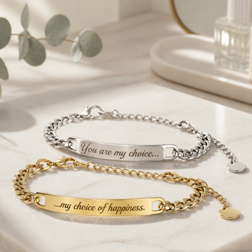 Coppia bracciali acciaio personalizzati con frase regalo san valentino e anniversario
