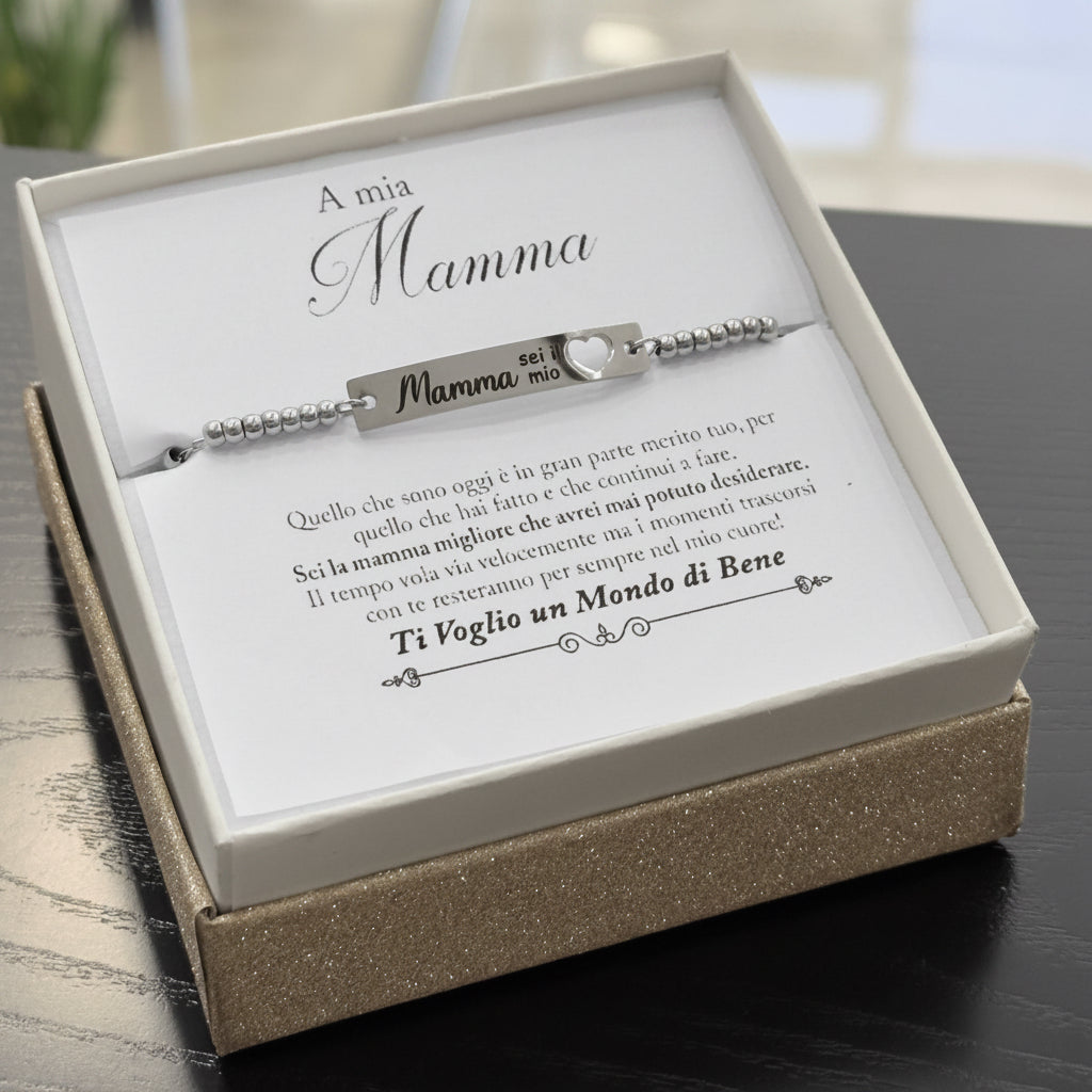 Bracciale mamma personalizzato acciaio inox targhetta incisione cuore traforato astuccio
