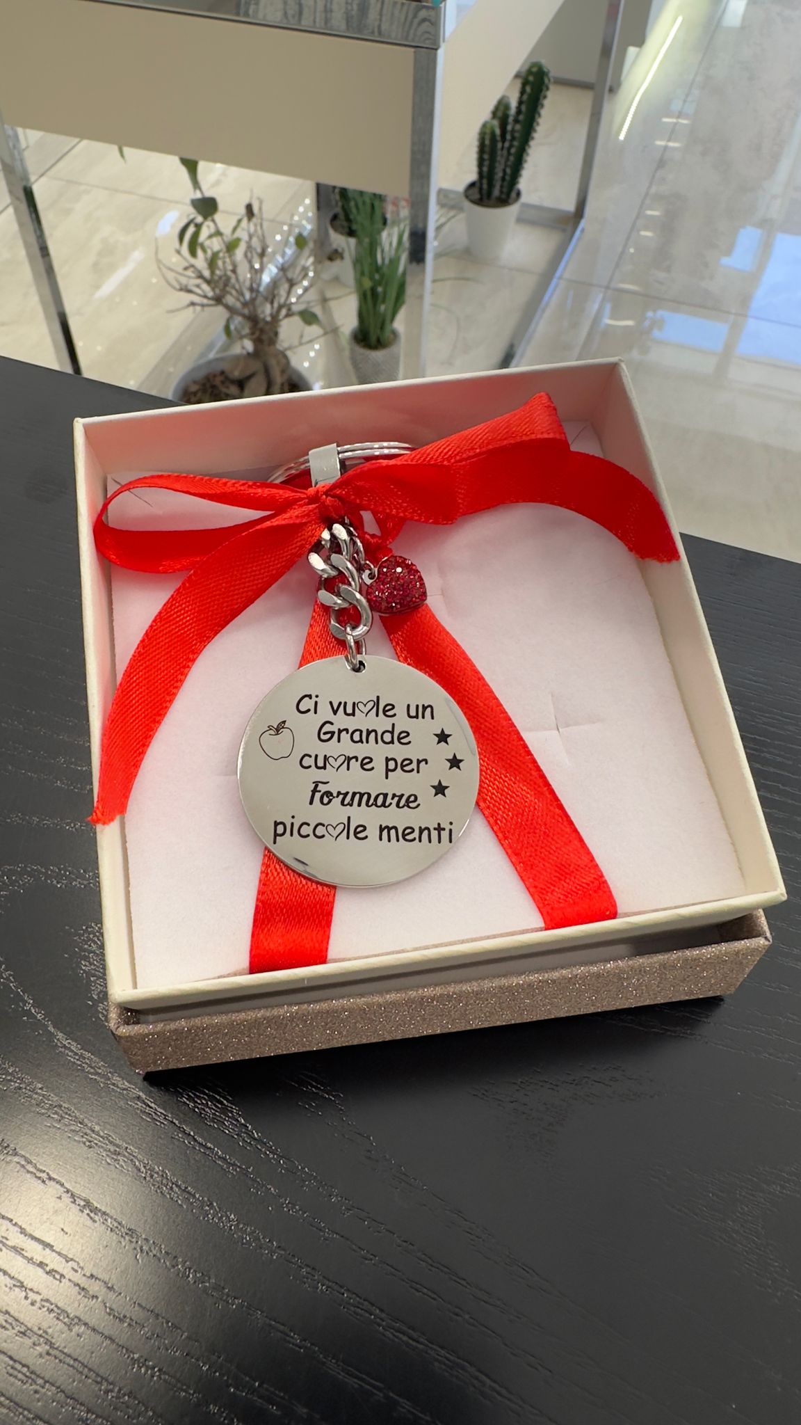 Portachiavi personalizzato insegnanti acciaio inox cuore strass incisione frase ricordo
