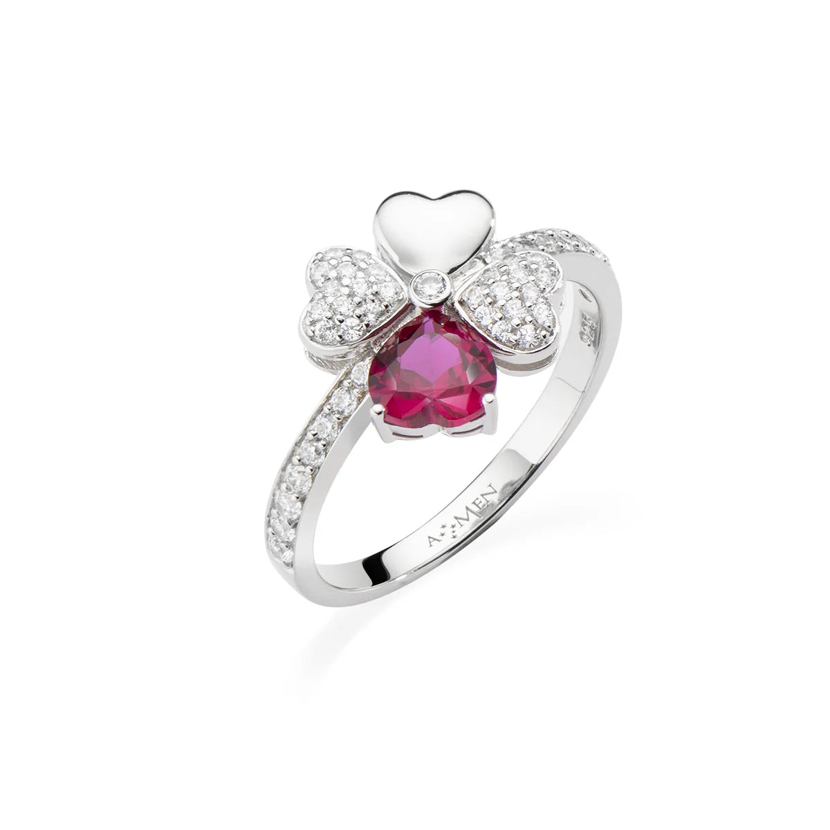 Anello Amen Quadricuore argento 925 rodio zirconi rosso rubino
