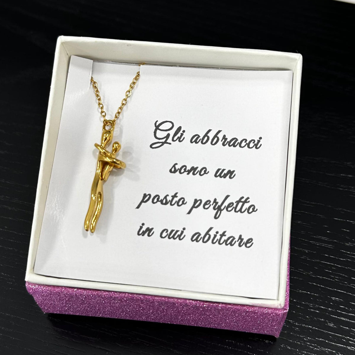 Collana abbraccio coppia in acciaio inossidabile con pendente uomo donna dorato e astuccio personalizzato

