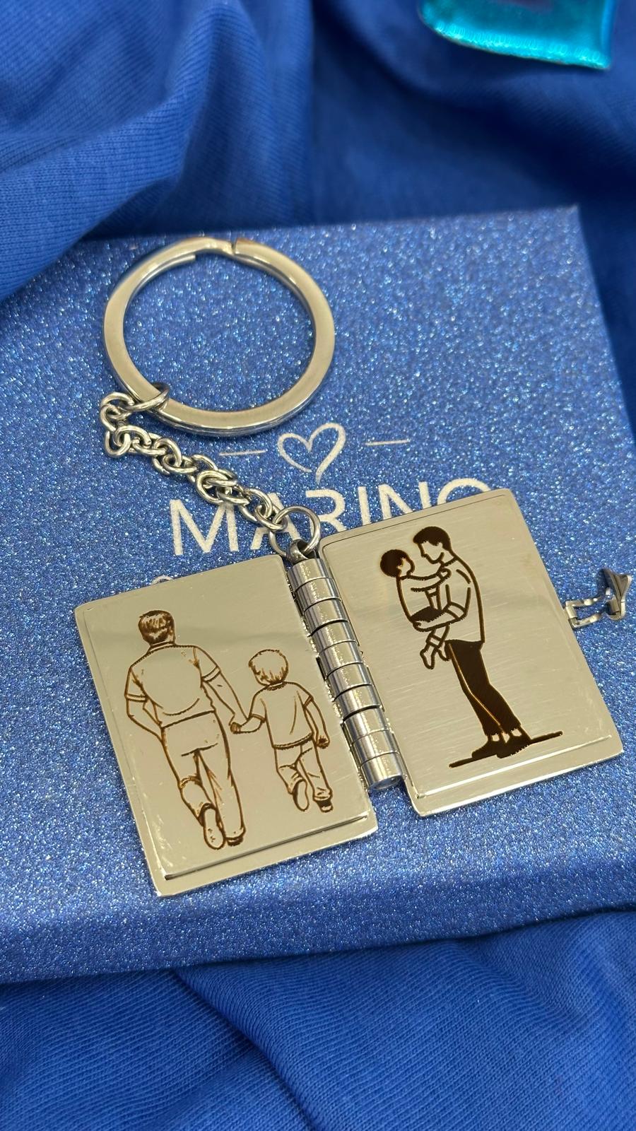 Portachiavi libro papà in acciaio personalizzabile con frase e disegno
