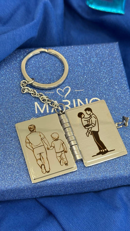 Portachiavi libro papà in acciaio personalizzabile con frase e disegno

