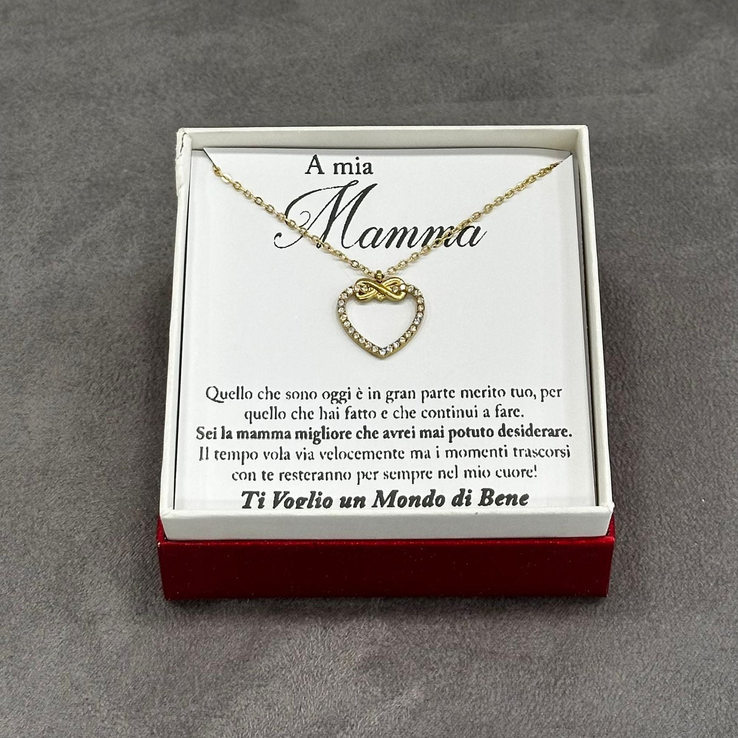 Collana cuore infinito mamma in acciaio dorato antico con cristalli zirconia e confezione regalo
