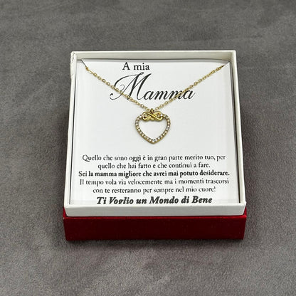 Collana cuore infinito mamma in acciaio dorato antico con cristalli zirconia e confezione regalo

