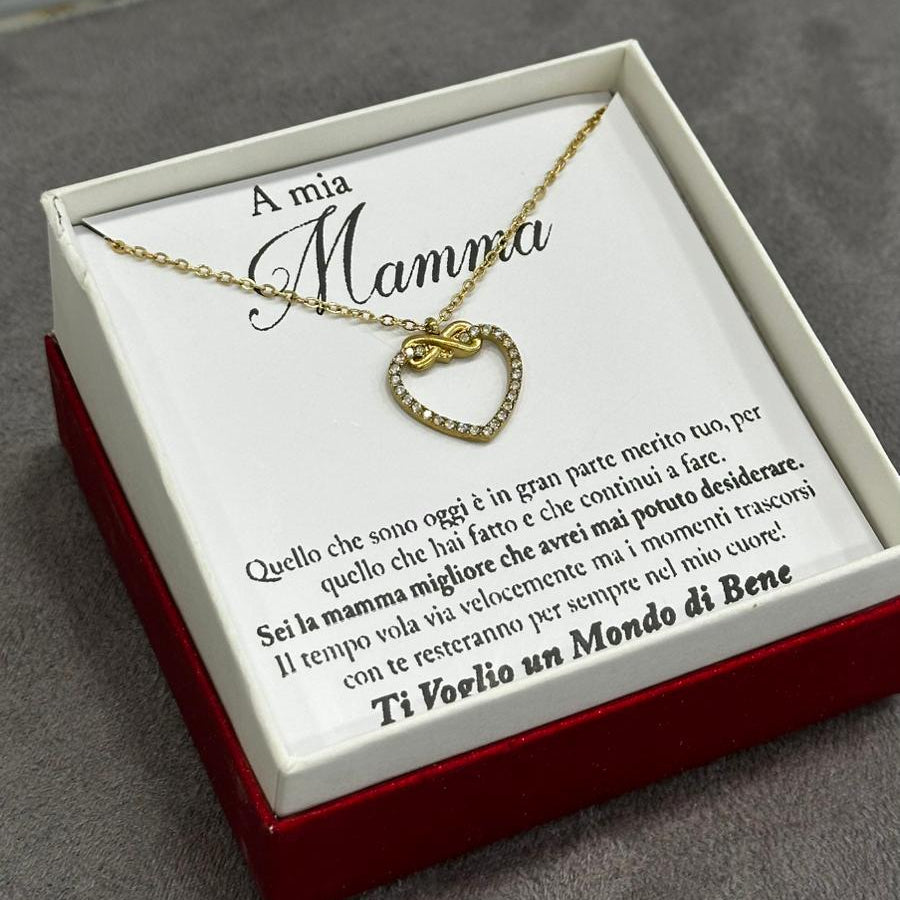 Collana cuore infinito mamma in acciaio dorato antico con cristalli zirconia e confezione regalo
