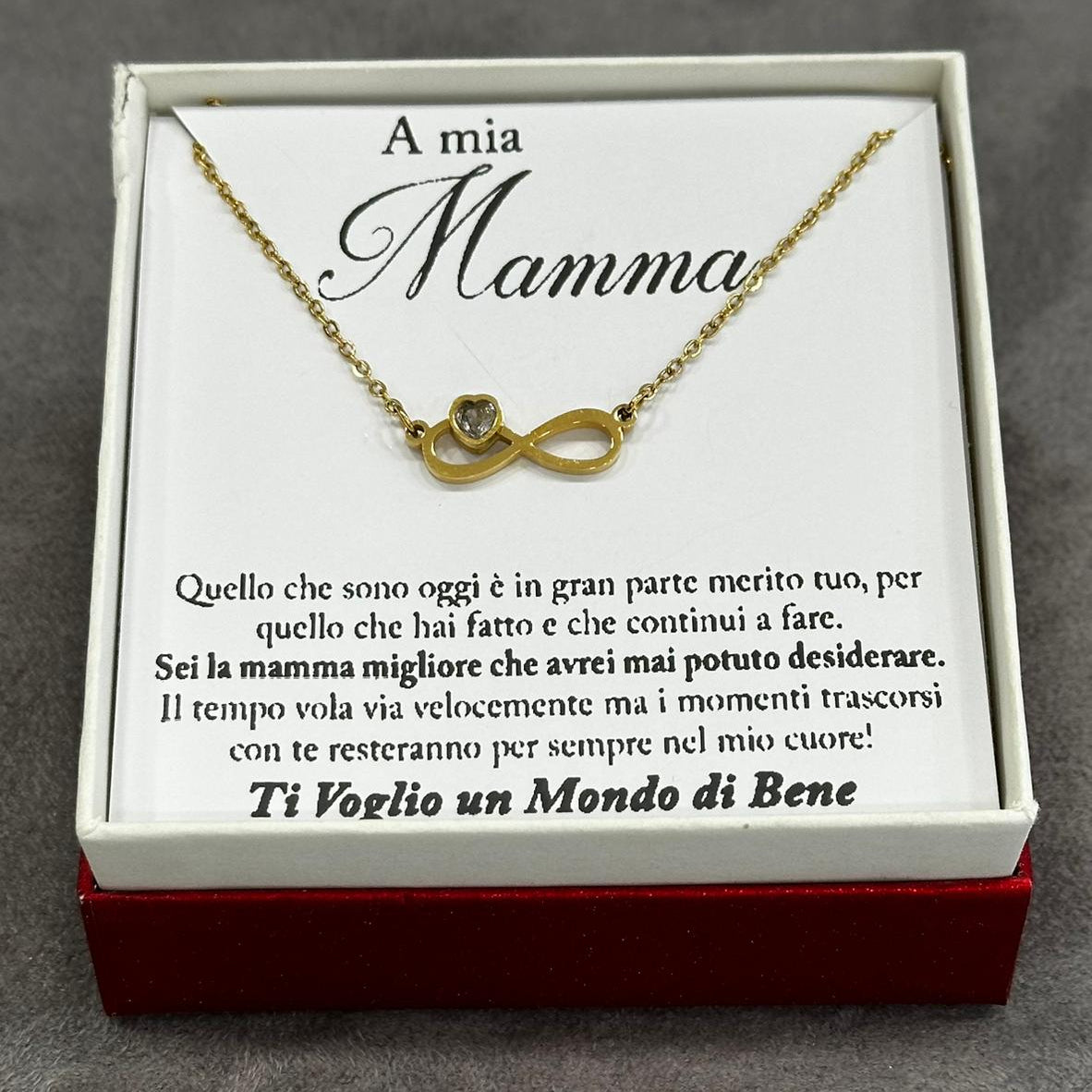 Collana infinito mamma in acciaio dorato con zircone e confezione regalo inclusa
