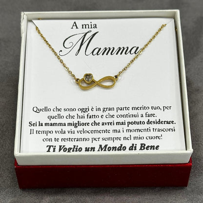 Collana infinito mamma in acciaio dorato con zircone e confezione regalo inclusa
