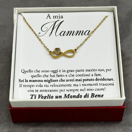 Collana infinito mamma in acciaio dorato con zircone e confezione regalo inclusa
