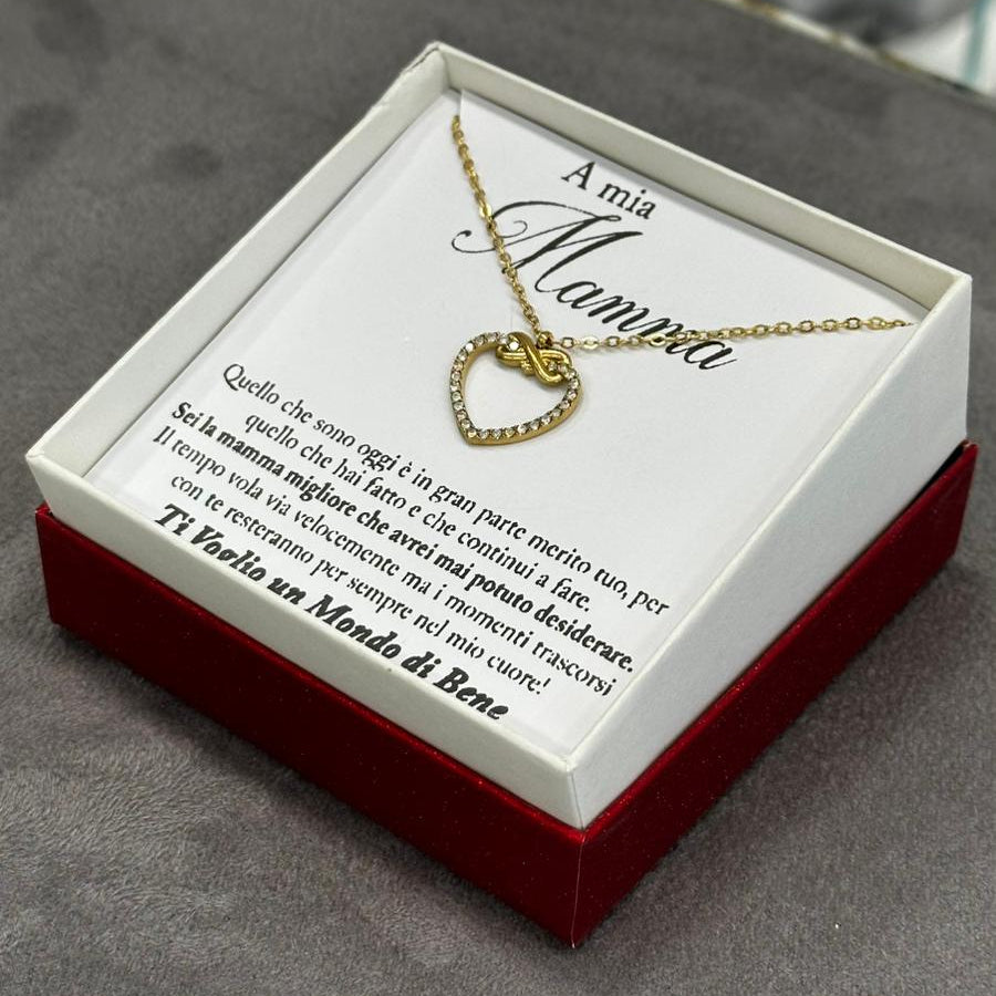 Collana cuore infinito mamma in acciaio dorato antico con cristalli zirconia e confezione regalo

