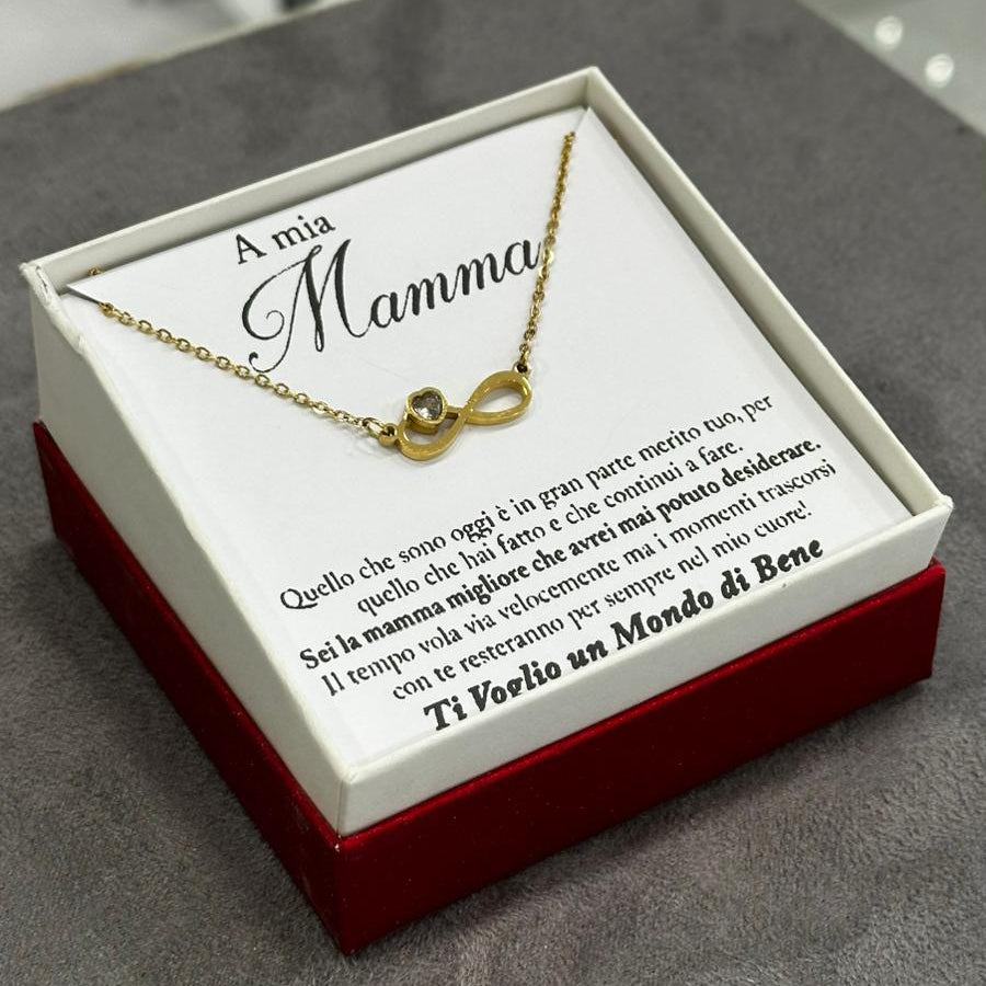 Collana infinito mamma in acciaio dorato con zircone e confezione regalo inclusa
