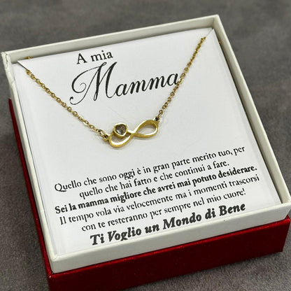 Collana infinito mamma in acciaio dorato con zircone e confezione regalo inclusa
