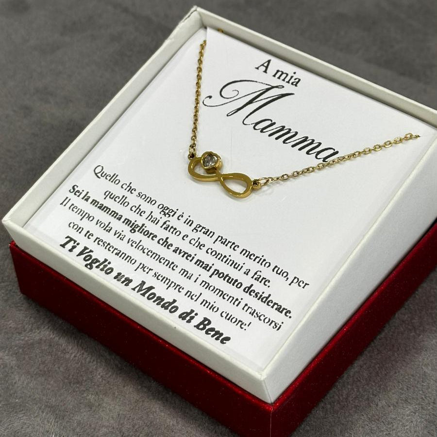 Collana infinito mamma in acciaio dorato con zircone e confezione regalo inclusa

