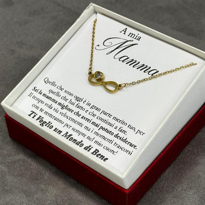 Collana infinito mamma in acciaio dorato con zircone e confezione regalo inclusa
