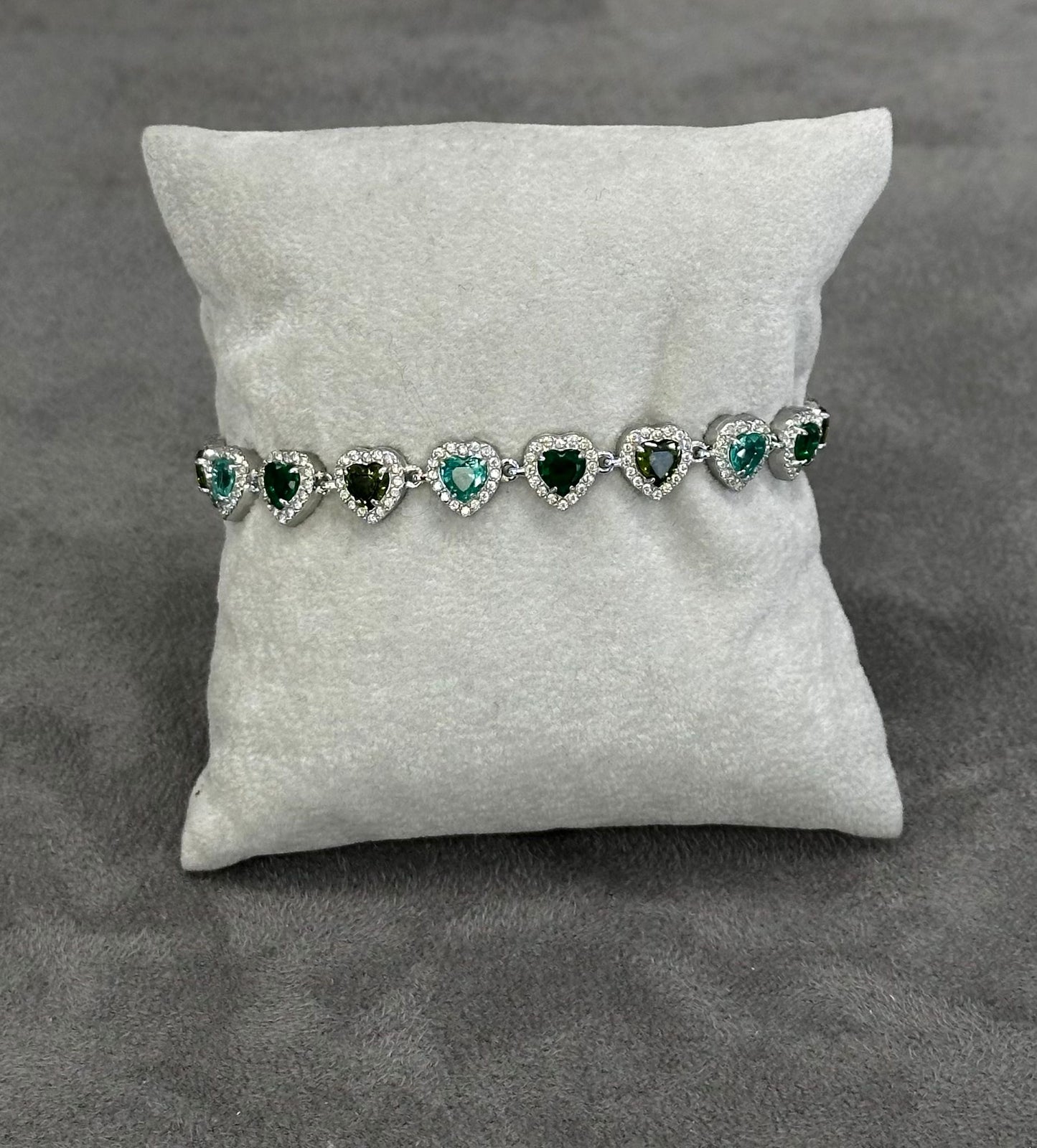 Bracciale tennis cuore cristalli zirconia verde in acciaio silver 18,5cm
