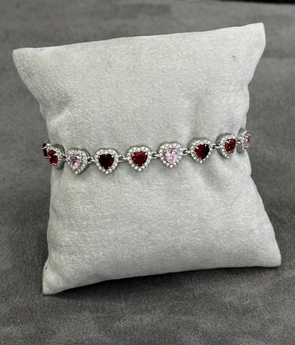 Bracciale tennis cuore cristalli zirconia rosso in acciaio silver 18,5cm
