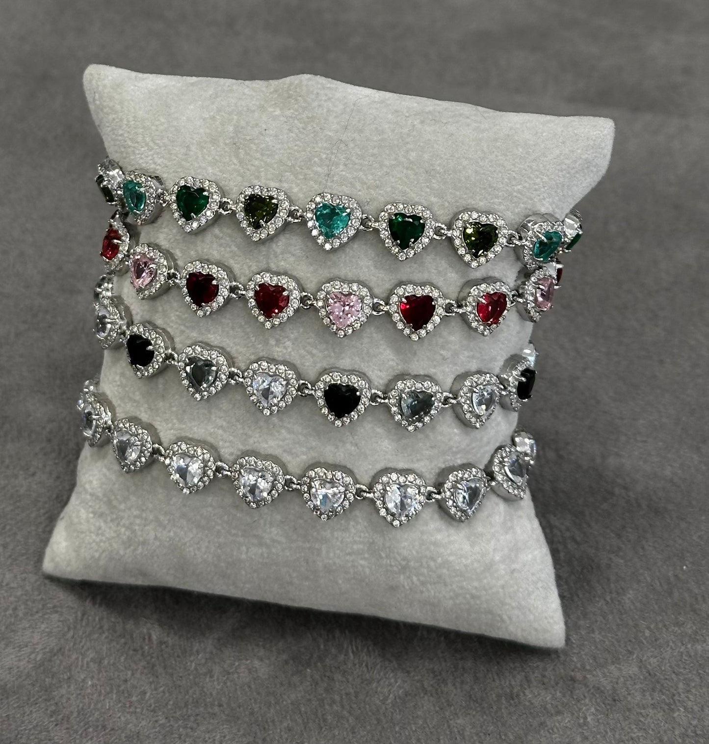 Bracciale tennis cuore cristalli zirconia vari colori in acciaio silver 18,5cm
