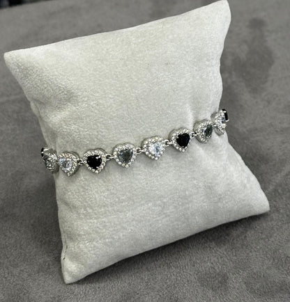 Bracciale tennis cuore cristalli zirconia nero in acciaio silver 18,5cm
