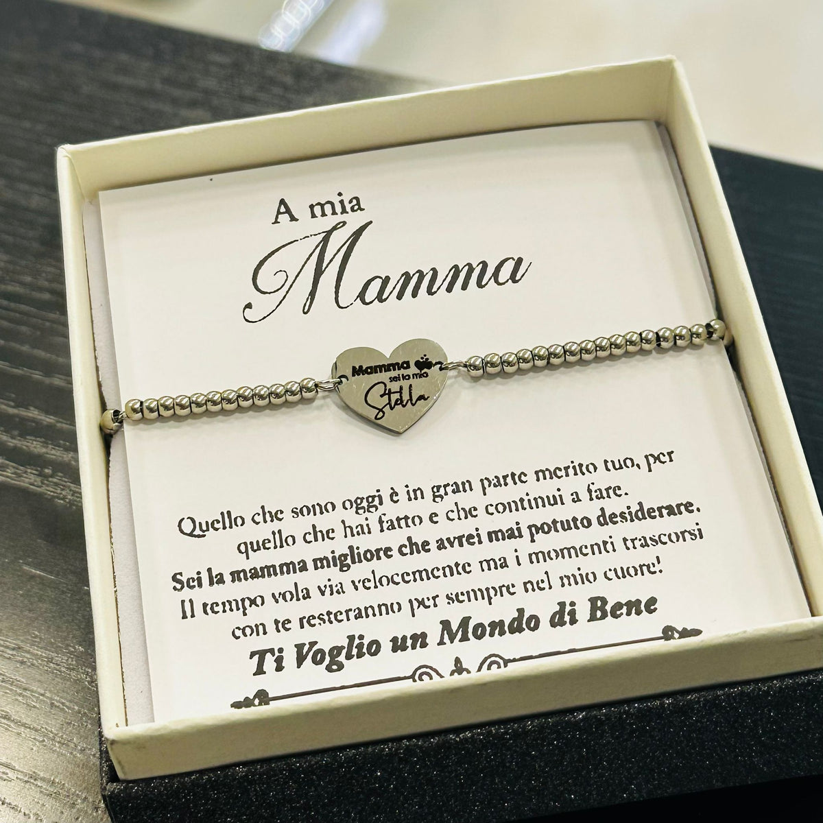 Bracciale mamma sei la mia stella in acciaio con perline e frase incisa con astuccio regalo
