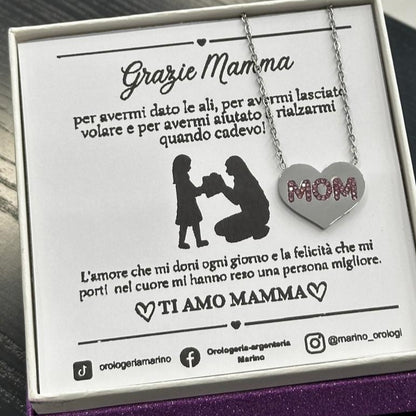 Collana cuore MOM dorata in acciaio con scritta brillantinata e confezione regalo mamma
