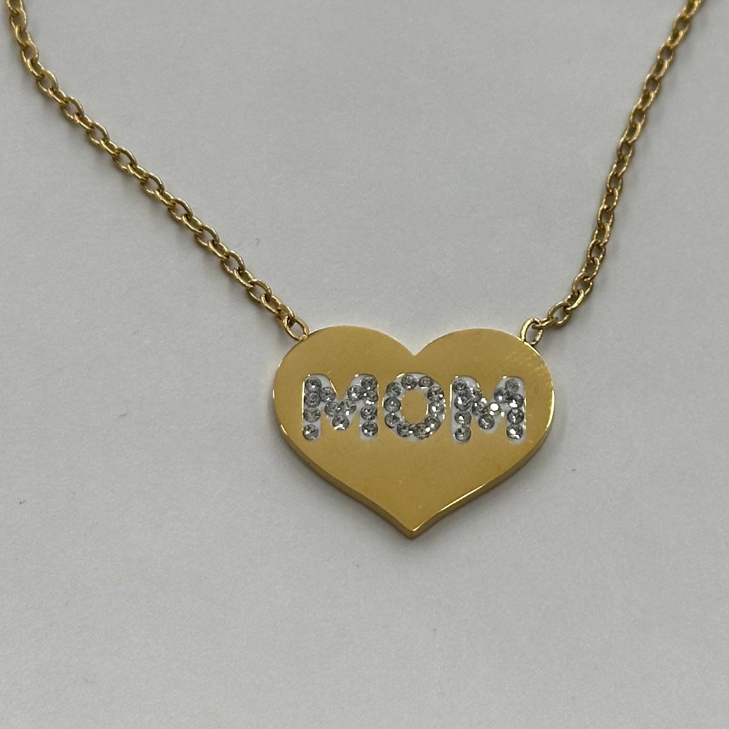 Collana cuore MOM dorata in acciaio con scritta brillantinata e confezione regalo mamma

