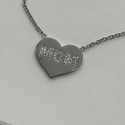 Collana cuore MOM dorata in acciaio con scritta brillantinata e confezione regalo mamma
