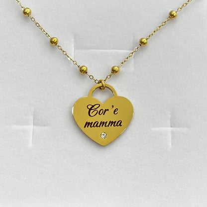 Collana cuore Cor e mamma in acciaio dorato con zirconia incastonato e catena rollon
