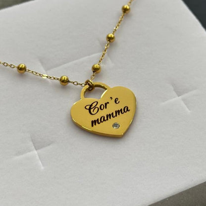 Collana cuore Cor e mamma in acciaio dorato con zirconia incastonato e catena rollon
