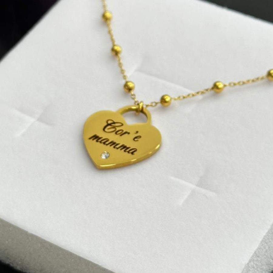 Collana cuore Cor e mamma in acciaio dorato con zirconia incastonato e catena rollon
