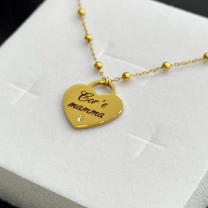 Collana cuore Cor e mamma in acciaio dorato con zirconia incastonato e catena rollon

