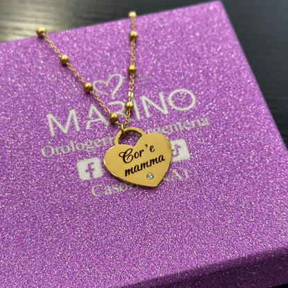 Collana cuore Cor e mamma in acciaio dorato con zirconia incastonato e catena rollon
