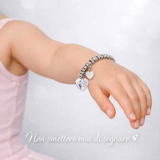 Bracciale ballerina in acciaio con frase Non smettere mai di sognare stile DoDo
