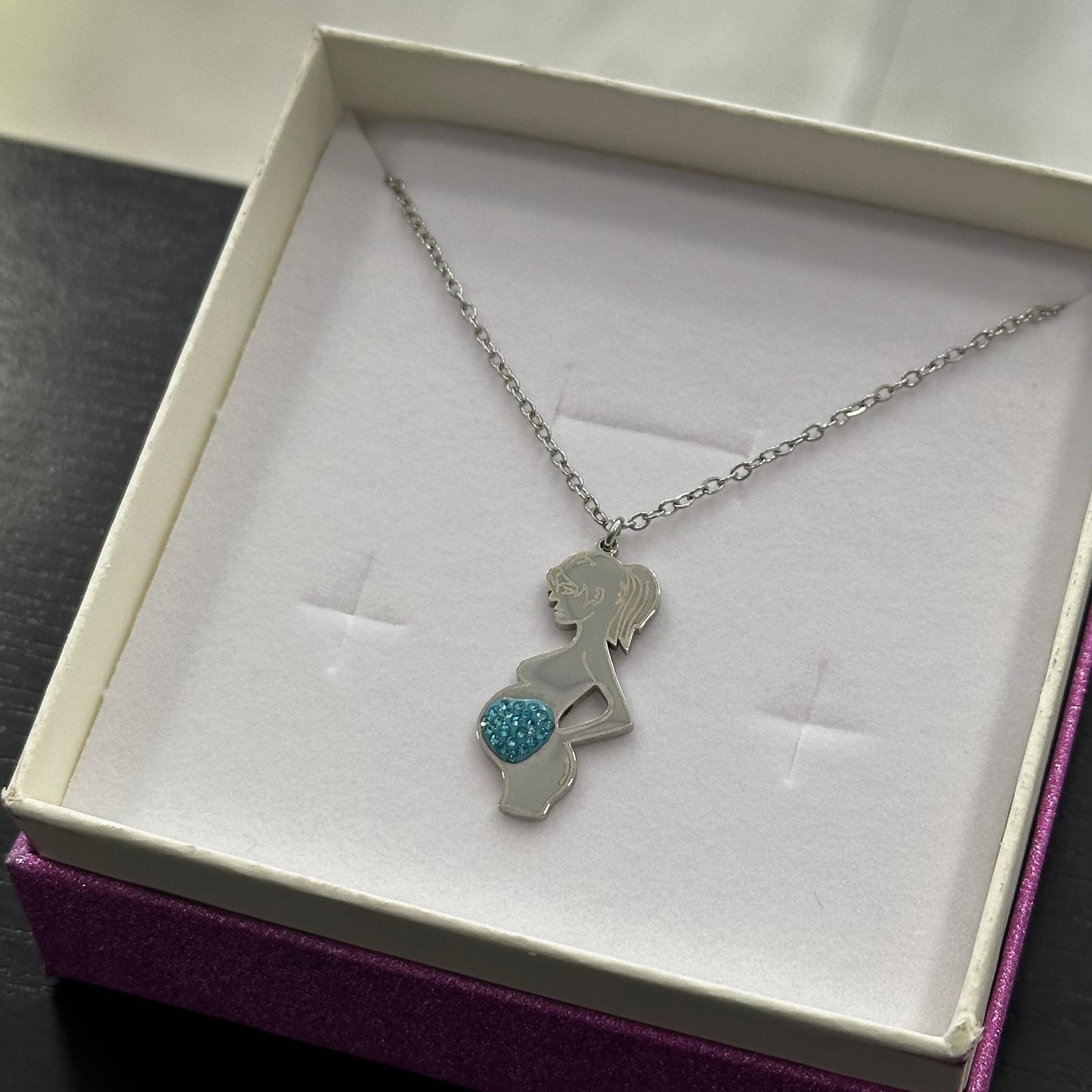 Collana maternità Dolce Attesa Boy  in acciaio con cuore Swarovski azzurro baby shower
