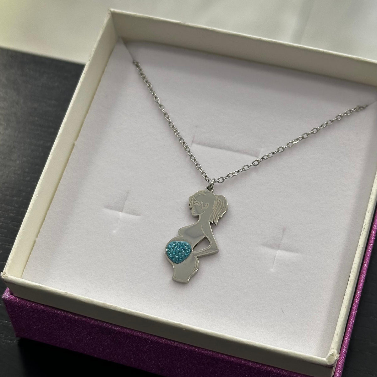 Collana maternità Dolce Attesa Boy  in acciaio con cuore Swarovski azzurro baby shower
