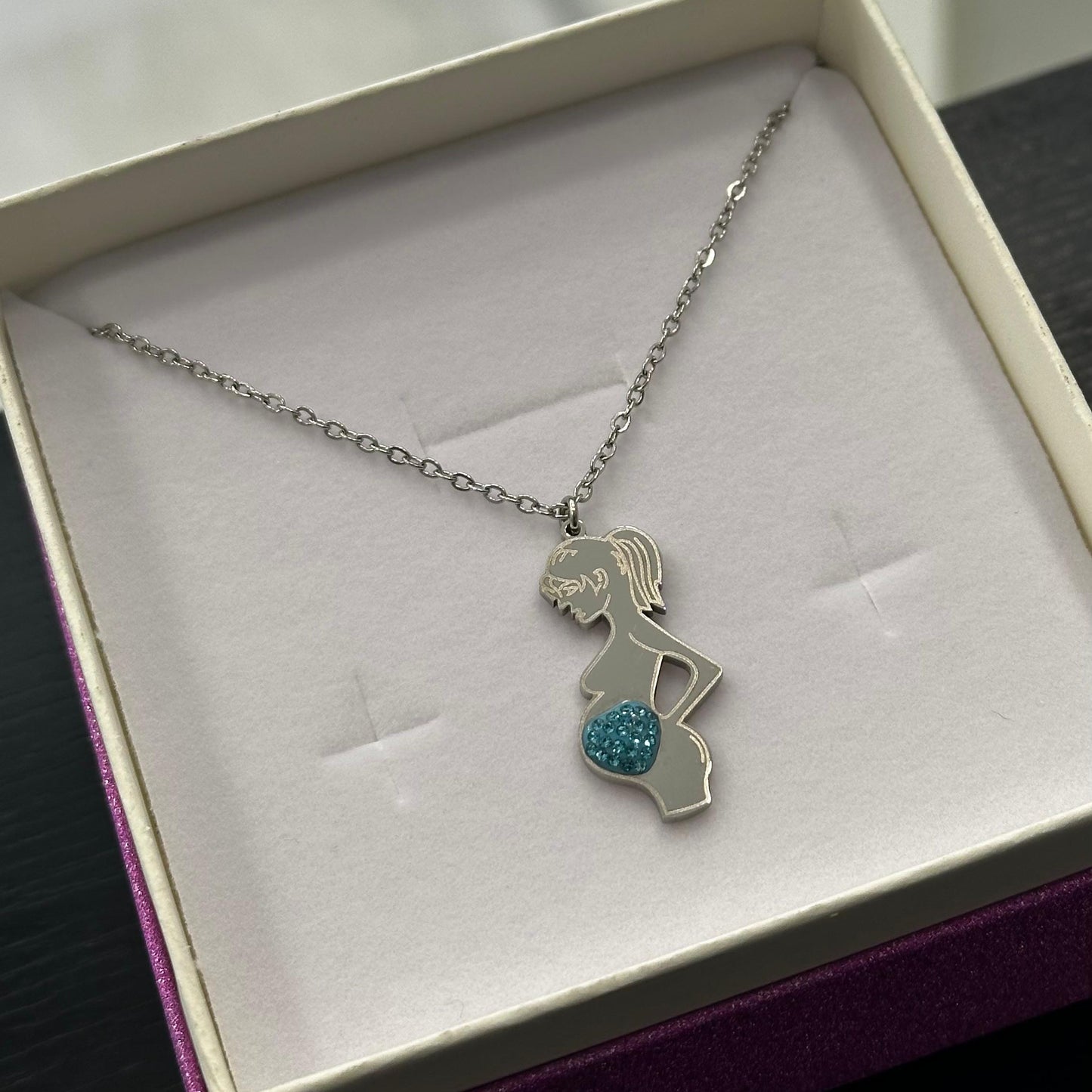 Collana maternità Dolce Attesa Boy  in acciaio con cuore Swarovski azzurro baby shower

