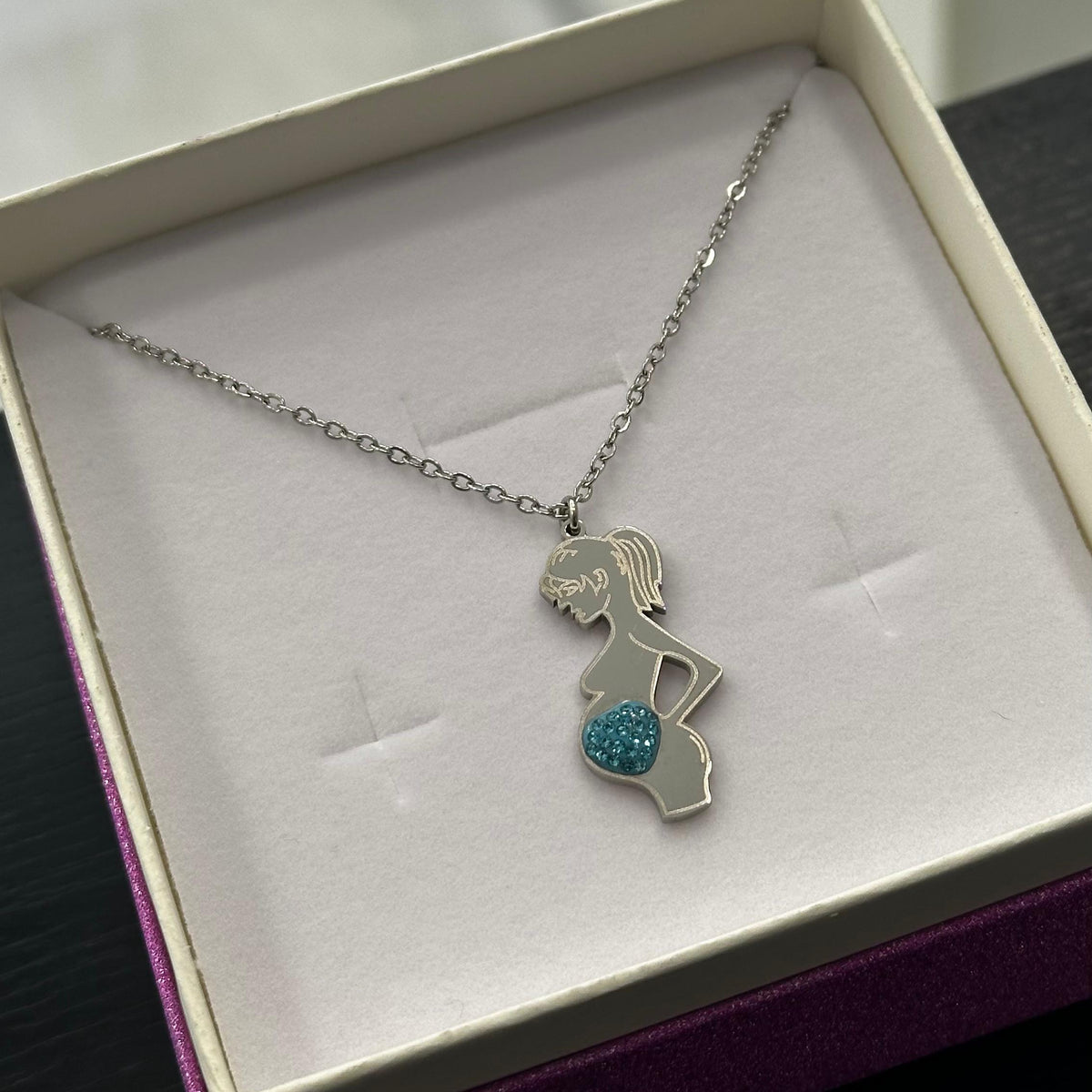 Collana maternità Dolce Attesa Boy  in acciaio con cuore Swarovski azzurro baby shower
