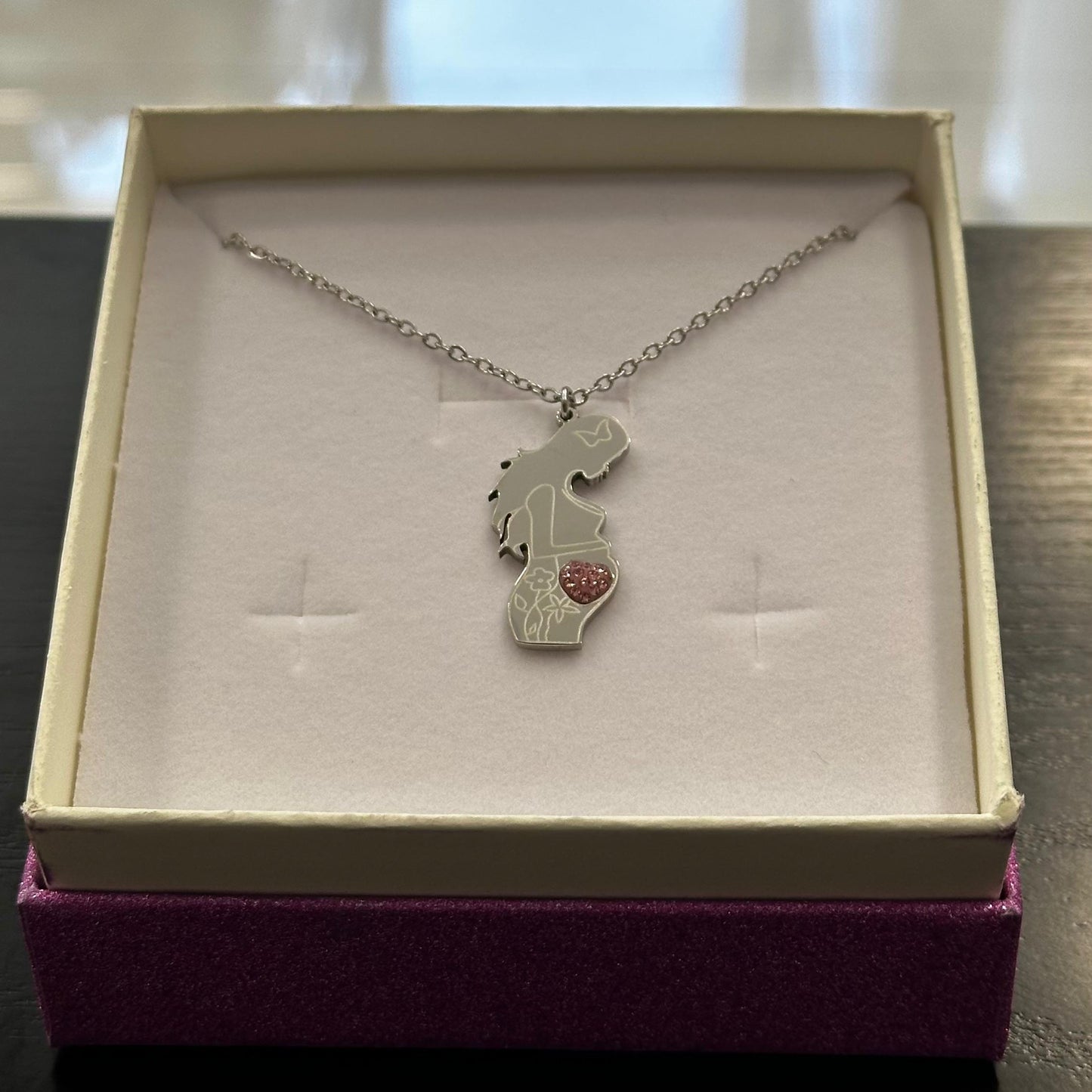 Collana maternità Dolce Attesa  Girl in acciaio con cuore Swarovski rosa baby shower
