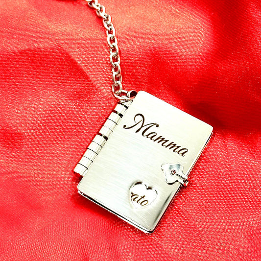 Portachiavi libro mamma in acciaio personalizzabile con frase e disegno dedicato
