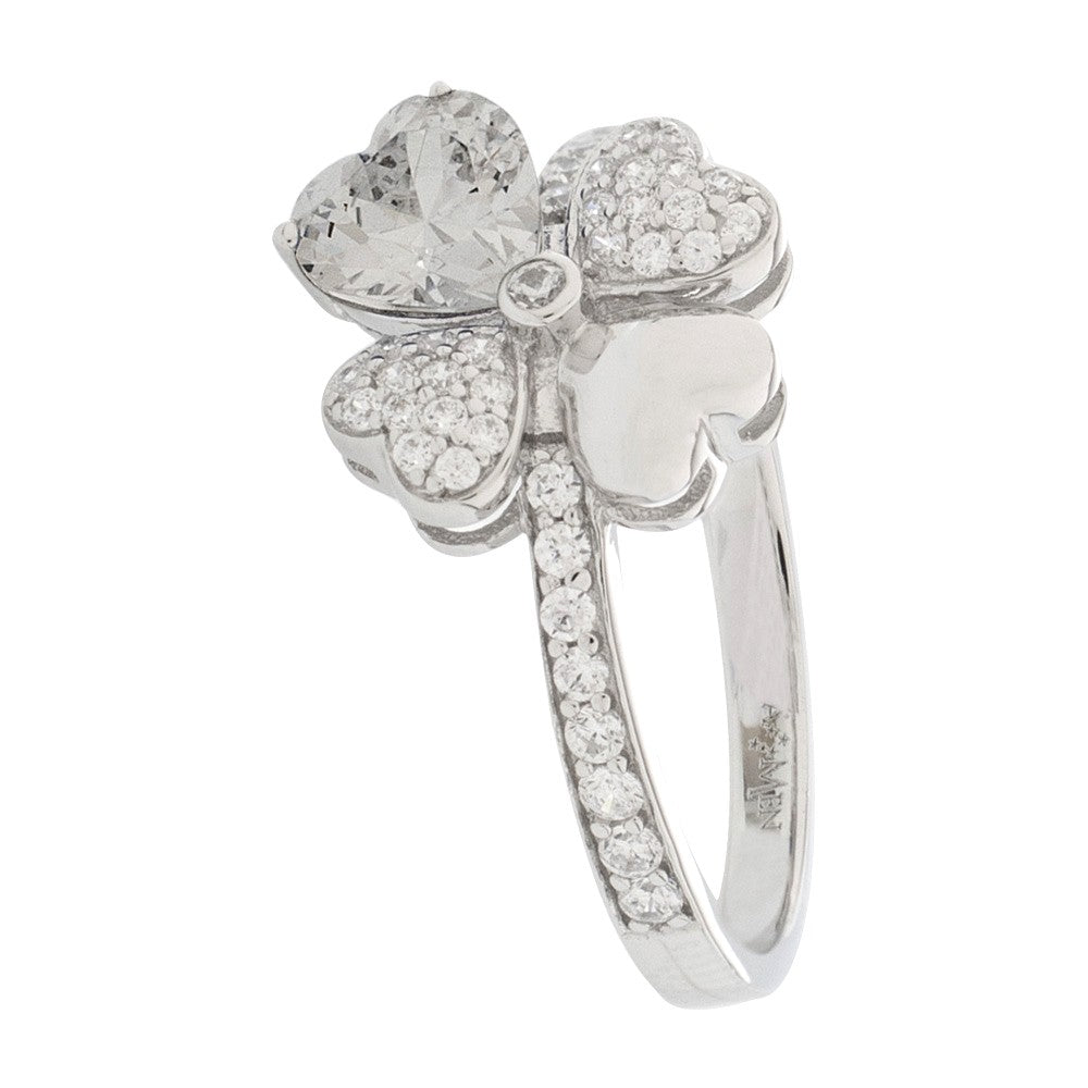 Anello Amen Quadricuore argento 925 rodio zirconi bianco

