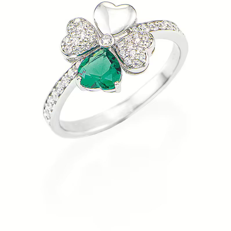 Anello Amen Quadricuore argento 925 rodio zirconi verde
