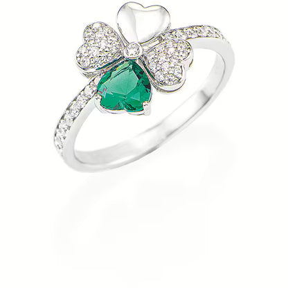 Anello Amen Quadricuore argento 925 rodio zirconi verde
