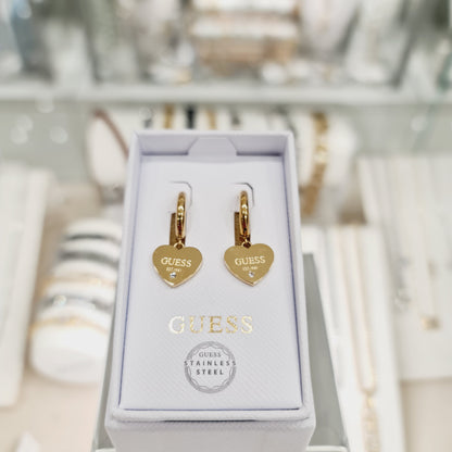 Orecchini Guess cerchio con pendente cuore acciaio dorato zirconi
