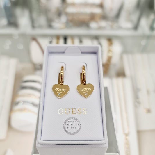 Orecchini Guess cerchio con pendente cuore acciaio dorato zirconi
