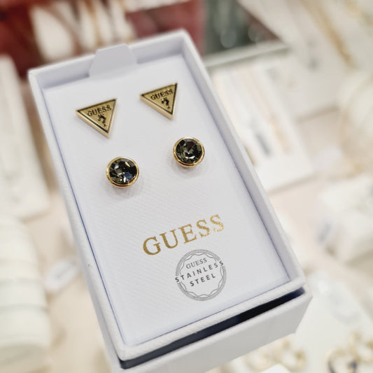 Orecchini Guess triangle doppia coppia acciaio dorato design geometrico
